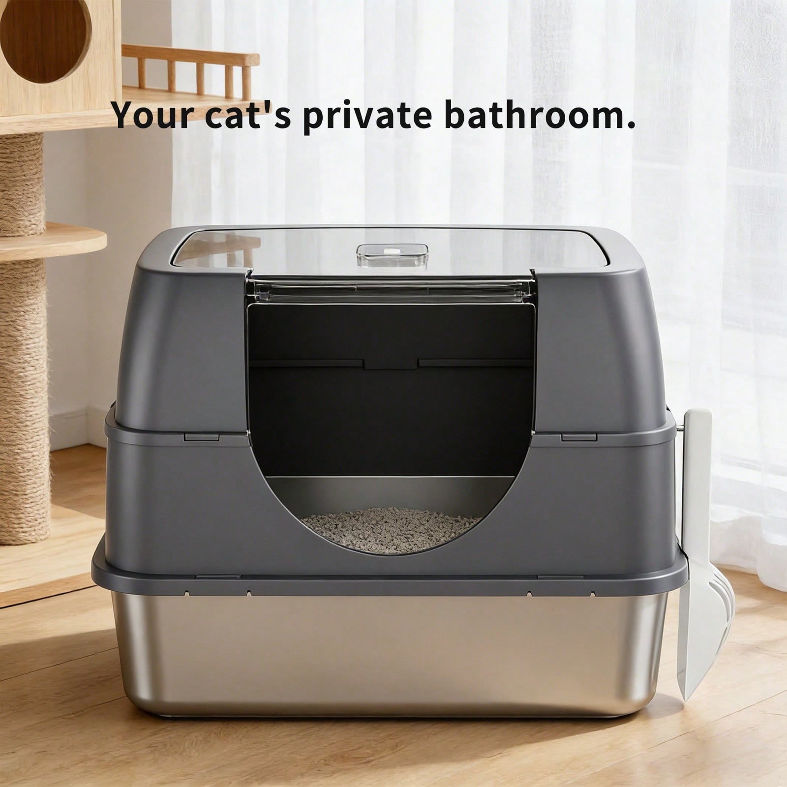 Cat Litter Mat - กระบะทรายแมวสแตนเลสขนาดใหญ่พิเศษพร้อมฝาปิด, กระบะทรายแมวโลหะแบบปิดขอบสูง, ทางเข้าด้านหน้าป้องกันสัตว์เลี้ยง, ทางออกด้านบน, ควบคุมกลิ่น ทำความสะอาดง่าย